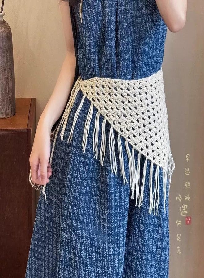 TUCEWP Crochet Bandanas Headbands Beige Vintage Boho Hair Scarf with Tassel Hippie Head Kerchief Knitted Triangle Tie Back Headscarf Hair Accessories for Women Girls Daily Outfit Festival Gift - Image 3